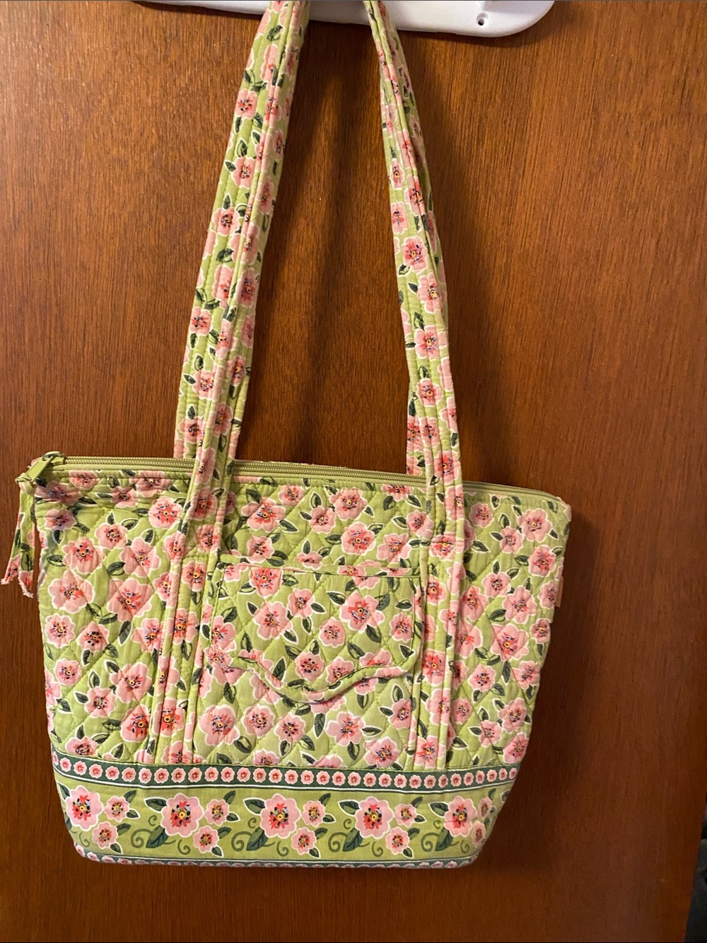 Quilted Floral Shoulder Tote in Light Green and Pink
